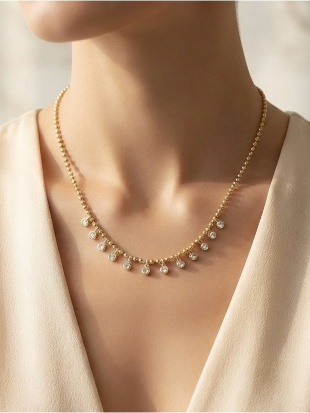 18K Gold Plated Beaded Dangle Crystal Necklace - Waterproof